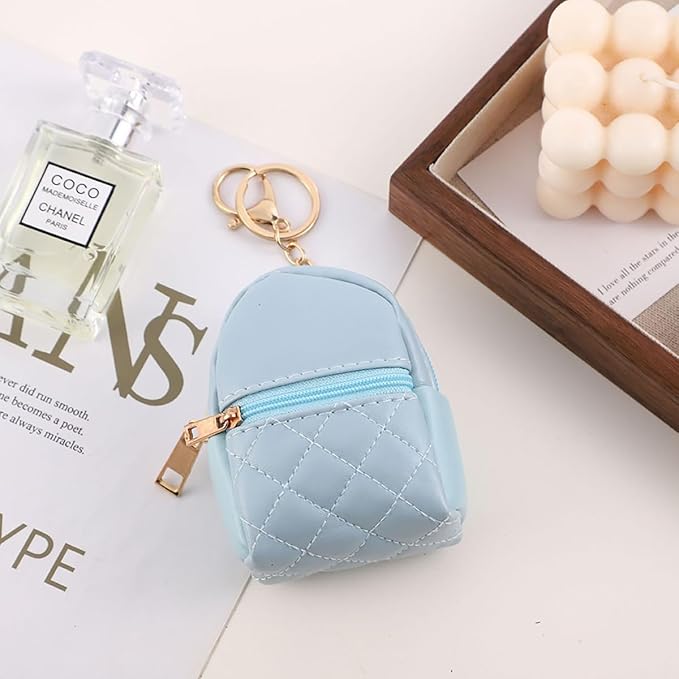 1 Pc Blue Mini Backpack Keychain for Women,Cute Small Cosmetic Bag,PU Leather Makeup Bag Key Pocket Lipstick Bag Card Holder Data Cable Organizer Zipper Pouch