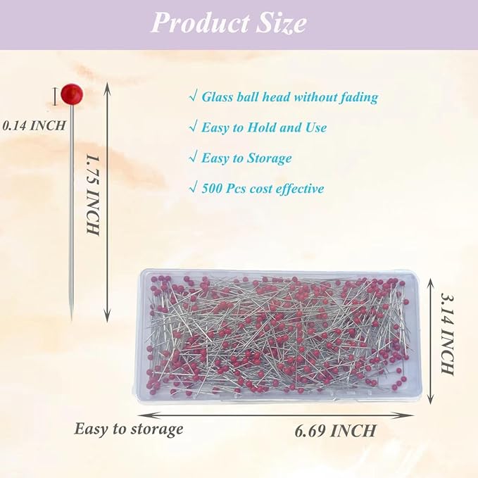 Sunenlyst 500 PCS Sewing Pins, 1.75IN Quilting Pins Long Red Glass Ball Head Straight Pins for Fabric, Stainless Steel Dressmaker for Sewing, Crafts, Jewelry Making, DIY