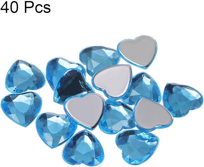 MECCANIXITY 40 Pcs Acrylic Heart Rhinestone 15mm Flat Back Plastic Gems Jewelry Stickers for Craft Bead Face Painting Costume Jewelry Making, Light Blue