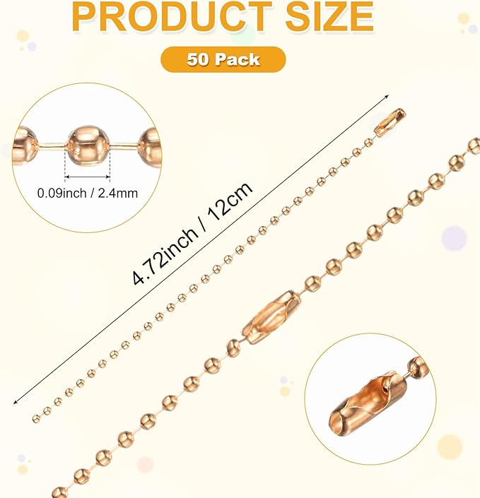M METERXITY 100-Pack Ball Beads Chain, 4.7 in Metal Beaded Necklace Adjustable Keychain with Connectors for Jewelry Making/DIY Crafts/Hanging Decoration, Dog Tag Chain [Light Gold]