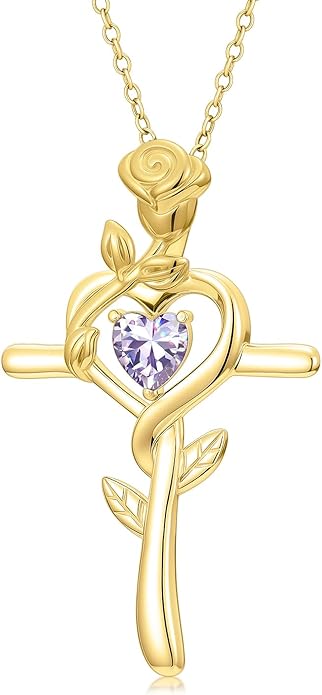 Midari 18K Yellow Gold Cross Pendant Rose Birthstone Necklaces for Women Christian Cross Jewelry with 12 Months Birthstone Birthday Gifts for Wife Her Daughter Mom