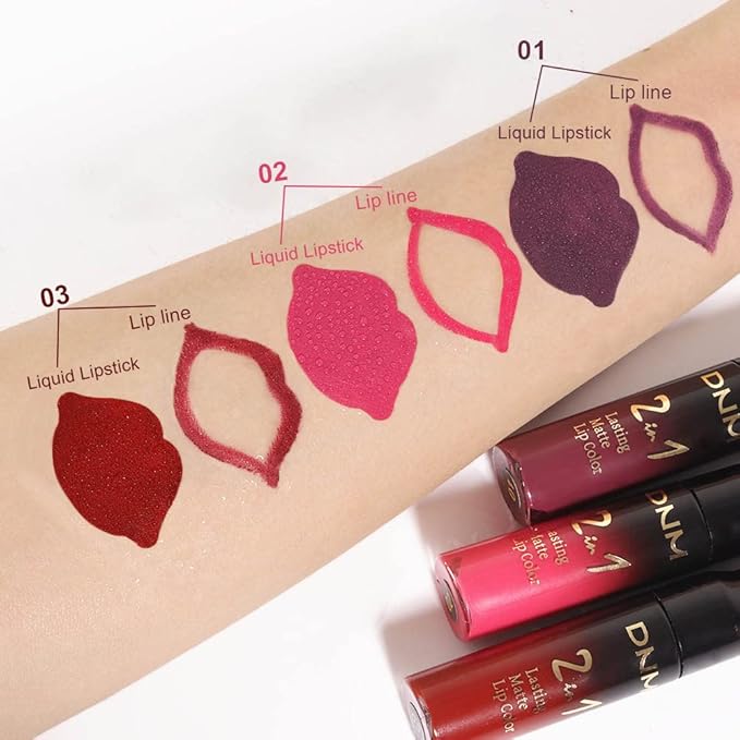 evpct 3Pcs Dark Plum Purple Rose Dark red Matte Lip Liner Pencil and Liquid Lipstick Sets for Women Long Lasting Waterproof, 24 Hour Lipstick Lip Stick/Gloss Set labiales mate 24 horas originales, 01