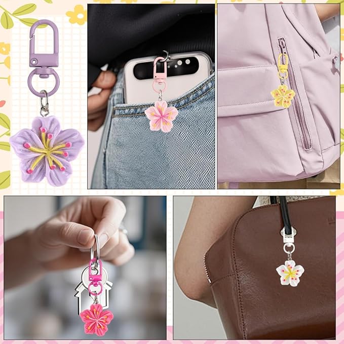 Cherry Blossom Flower Keychain Cute Flower Keychains for Women Colorful Floral Bag Charms for Handbags Kawaii Flowers Purse Charms Cherry Blossom Car Key Chain Bulk Aesthetic Keychain Accessories