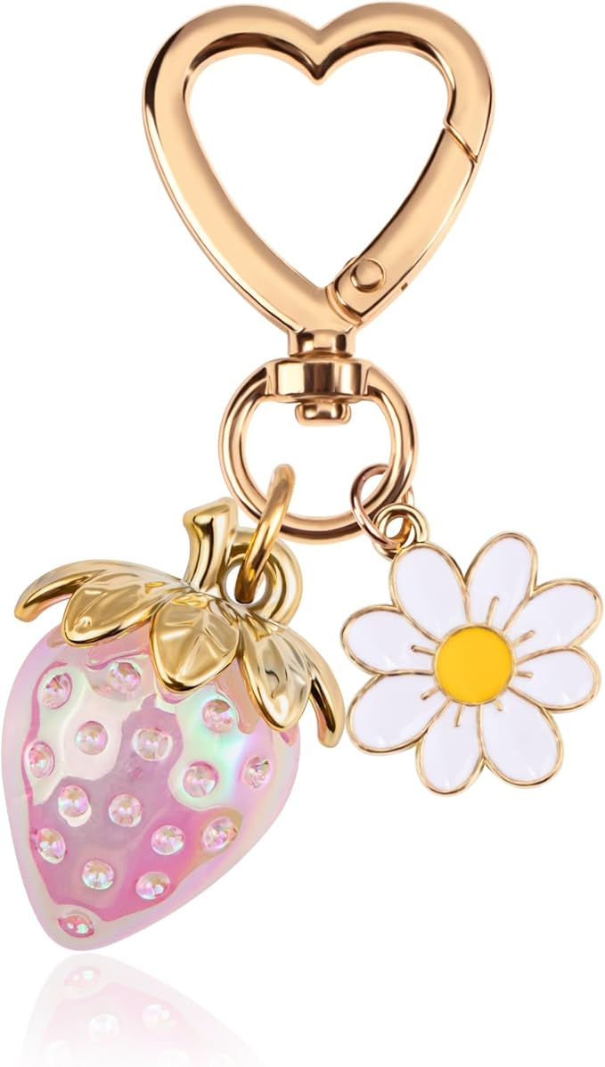 Wikavanli Cute Strawberry Keychain,Bag Charms,Kawaii Heart Flower Daisy Key chains Accessories Decor for Women Girls Purse