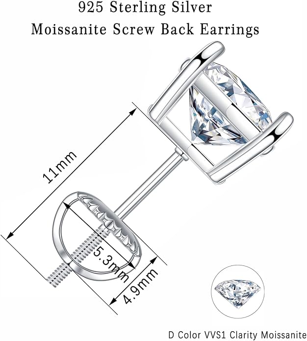 SMILEST 0.2-4ct Moissanite Screw Back Earrings, D Color VVS1 Clarity Lab Created Moissanite 14K White Yellow Rose Gold Ruthenium Vermeil 925 Sterling Silver Moissanite Earrings for Women Men Jewelry Gifts