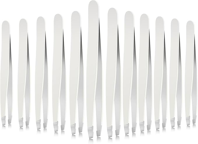 Mudder 12 Pcs Eyebrow Tweezers Set for Facial Hair Stainless Steel Slanted Tip Tweezers in Bulk for Men and Women (White)