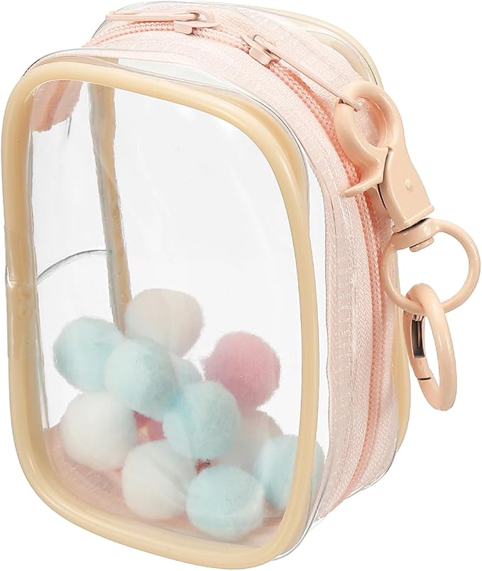uxcell 3.5 Inch Clear Figure Display Bag, Mini Clear Pouch Waterproof Coin Pouch with Keychain and Pom Poms for Blind Box Doll Display (Square, Dusty Mauve)