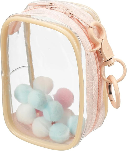 uxcell 3.5 Inch Clear Figure Display Bag, Mini Clear Pouch Waterproof Coin Pouch with Keychain and Pom Poms for Blind Box Doll Display (Square, Dusty Mauve)