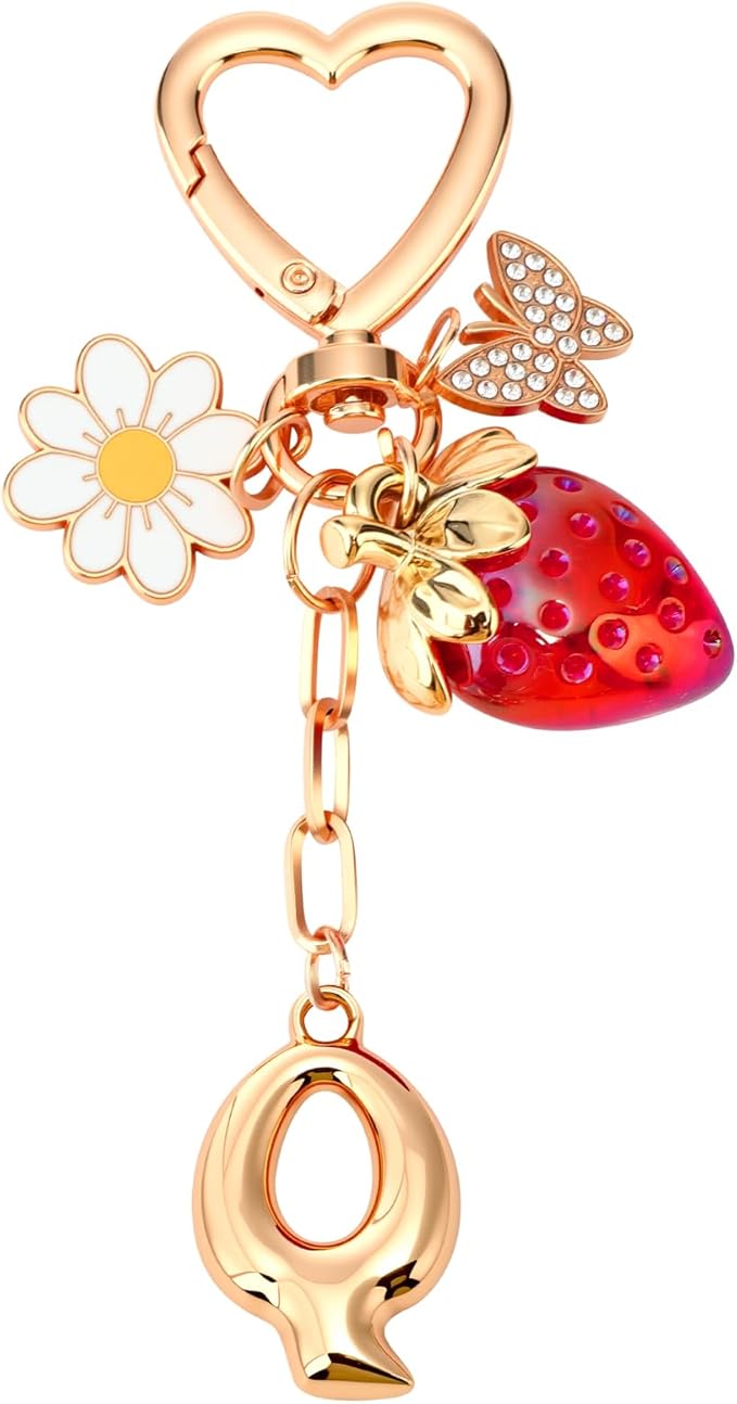 Strawberry Initial Keychain for Women-Cute Kawaii Gold Alphabet Bag Charms, Key chain Gift for Purse Handbag