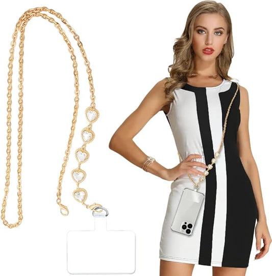 Phone Crossbody Chain Cell Phone Lanyard,Universal Leather+Metal Shouder Strap with Phone Tether Patches (F)