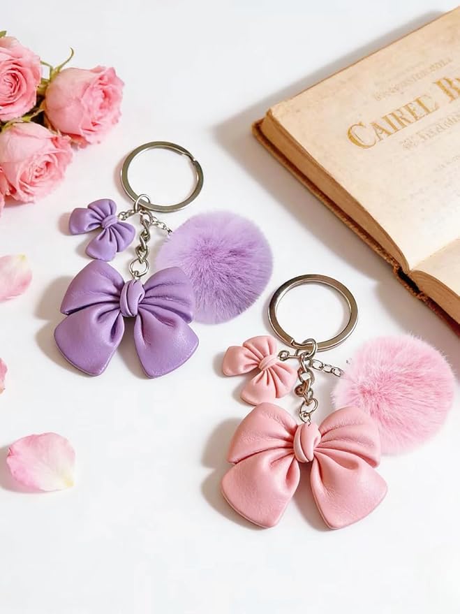 2 Pcs Cute Plush Keychain Artificial Fur Ball Keychains Fluffy Pendant Car Bag Charm, Pink Bow Pom Pom Keychain Soft Lovely Backpack Keyring for Women's Keyrings & Keychains