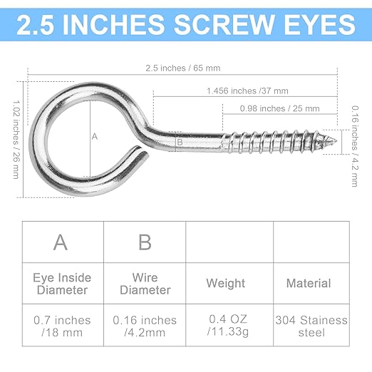 Aovchei 304 Stainless Steel Eye Screws - 9 Pcs 2.5" Heavy Duty Screw Hooks, Rust-Resistant Self Tapping for Wood, Cables & Artwork Hanging (Indoor/Outdoor)