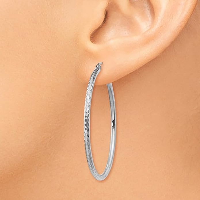 14k White Gold Diamond-Cut Hoop Earrings, (2mm Tube)