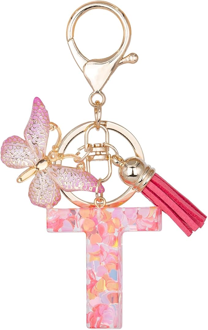 Initial Keychain Cute Pink Resin Letter and Butterfly Charms Keychains for Backpack Purses