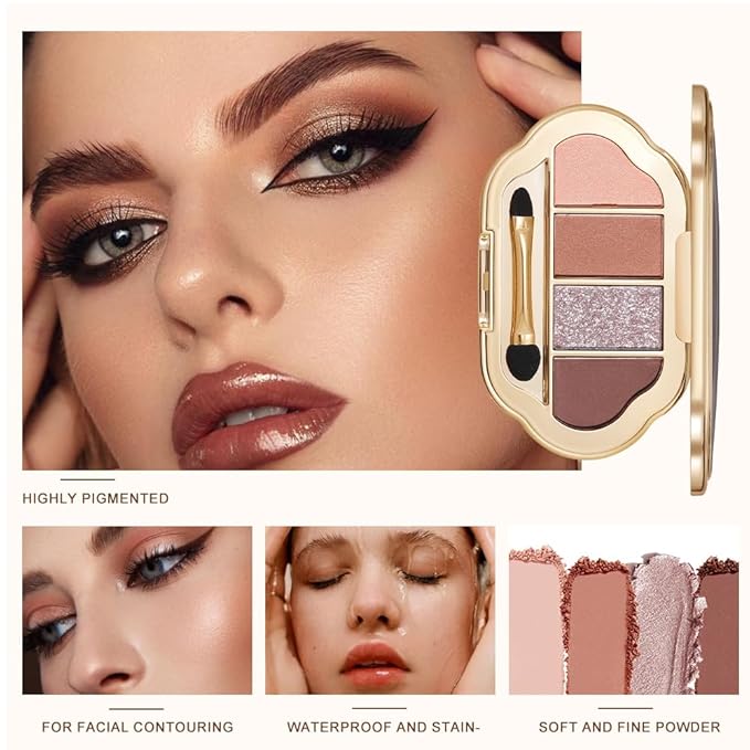 Eyeshadow Palette 4 Colors, Rose Nude Pink Brown Matte Shimmer Eyeshadow, Highly Pigmented Blendable Long-Lasting Eye Shadow, Soft Silky No Fallout Daily Natural Glam Makeup, Makeup Gift for Women-B1