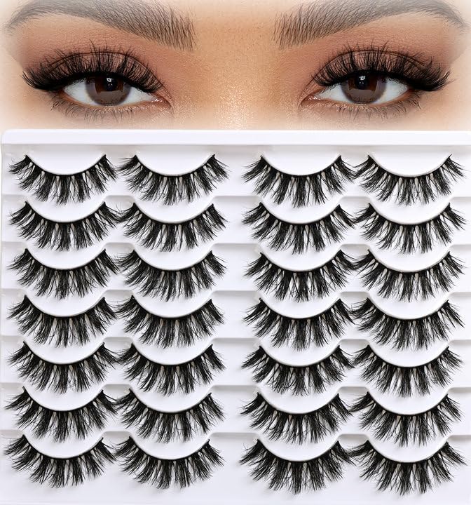 APCYUST Wispy Lashes Fluffy Mink Eyelashes 16mm Natural Thick False Eye Lash Strips 14 Sets Medium Wispies Fake Strip Doll Eyelash Wet Spikes Style Full Volume Cateye Spiky Lashes Manga Look