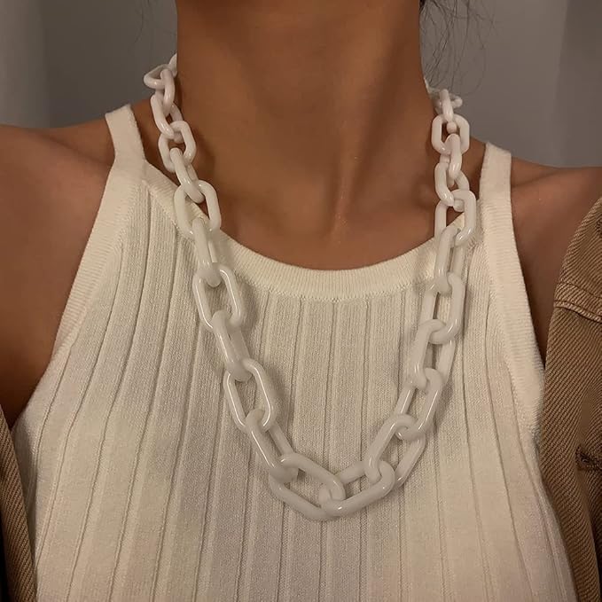 Wiwpar Long Acrylic Choker Necklace Paperclip Chain Necklace Minimalist Multicolor Chunky Chain Collar Necklace for Women (White)