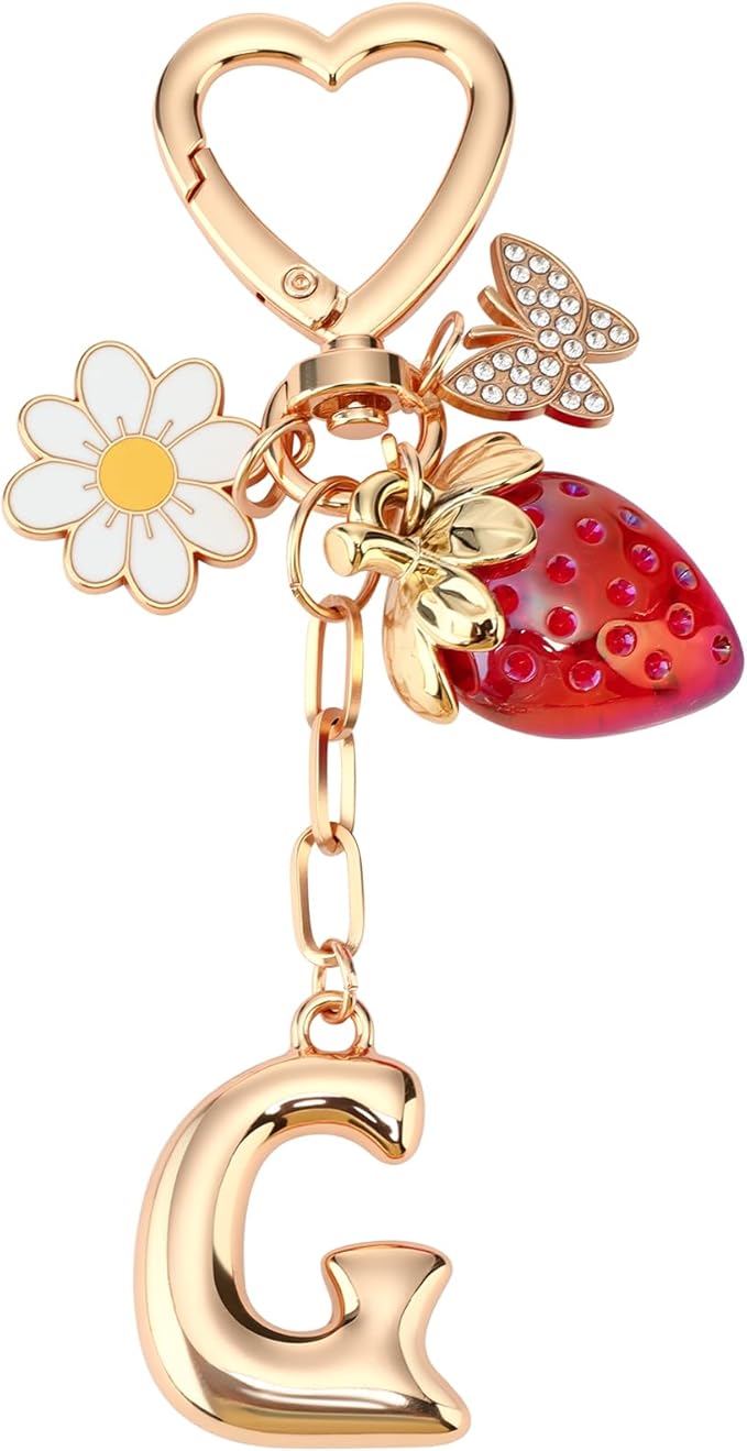 Strawberry Initial Keychain for Women-Cute Kawaii Gold Alphabet Bag Charms, Key chain Gift for Purse Handbag