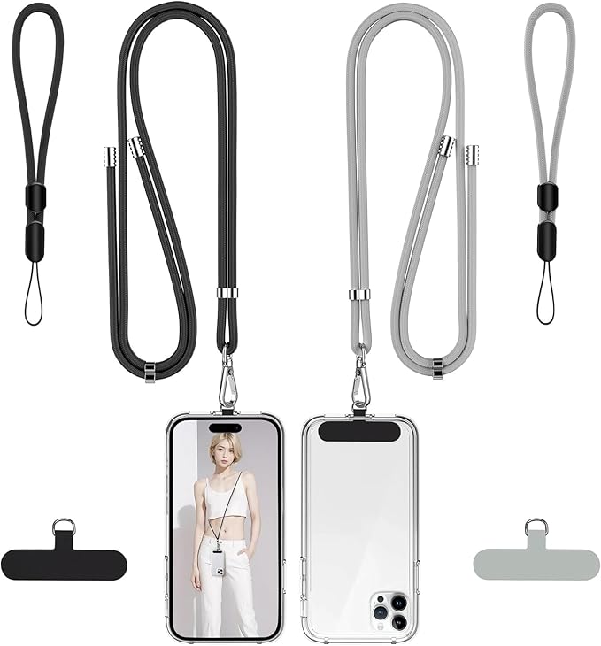 takyu Phone Lanyard, 2 Pack Adjustable Cell Phone Lanyard Crossbody Neck Strap & 2 Pack Phone Wrist Strap with 2 PcsTether Tabs Compatible for iPhone Android Smartphones-Black Grey