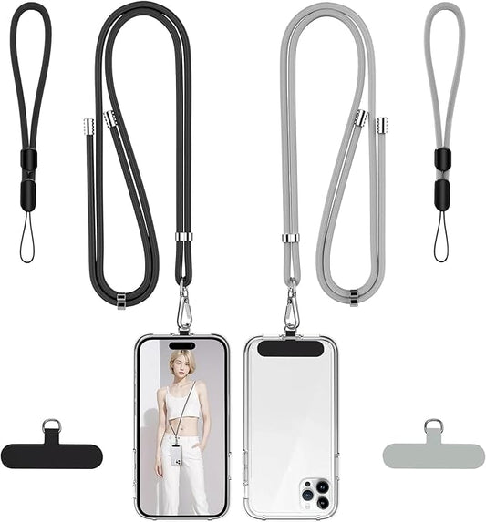 takyu Phone Lanyard, 2 Pack Adjustable Cell Phone Lanyard Crossbody Neck Strap & 2 Pack Phone Wrist Strap with 2 PcsTether Tabs Compatible for iPhone Android Smartphones-Black Grey