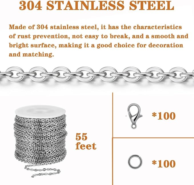 55ft Cable Link Chain for Jewelry Making,Stainless Steel O-Shaped Chain with 100 Pcs Jump Rings and Lobster Clasps,Silver Plated Necklace Chains for jewellery DIY Craft Supplies Findings (0.5*2*2.5mm)