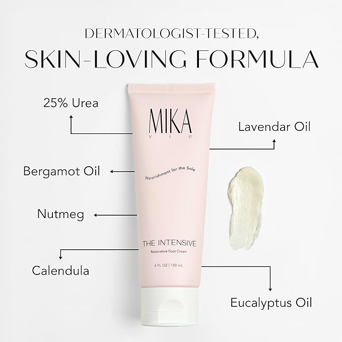 Mika Vie Foot Cream for Dry Cracked Heels and Feet - 4fl oz Urea Foot Cream for Women W/Vitamin E, Shea & Cocoa Butter - Naturally Scented Cracked Heel Treatment & Moisturizer - Non-Greasy