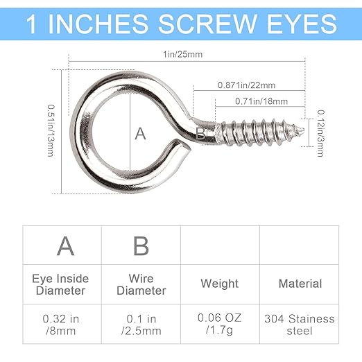 Aovchei Eye Screws, 50Pcs 1 Inch Long, 304 Stainless Steel Screw Hooks, Self Tapping Eye Bolts, Indoor & Outdoor for Hanging Artwork