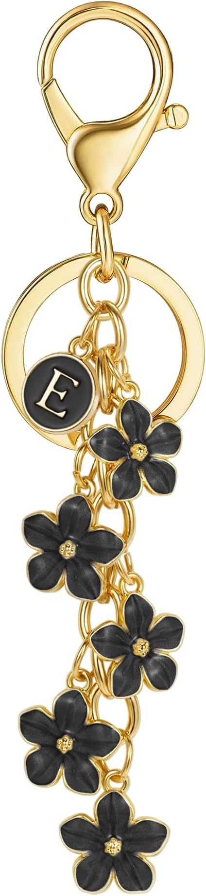 XGALBLA White Pink Black Cute Initial Letter Keychain for Women, Flower Bag Charms Enamel Keyring for Handbag Backpack