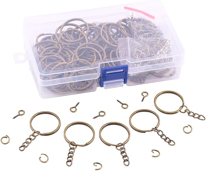 Swpeet 100Pcs 6/5 Inch 30mm Bronze Flat Key Chain Rings Kit, Including Split Keychain Rings with Chain and Jump Ring with Screw Eye Pins for Jewelry Making