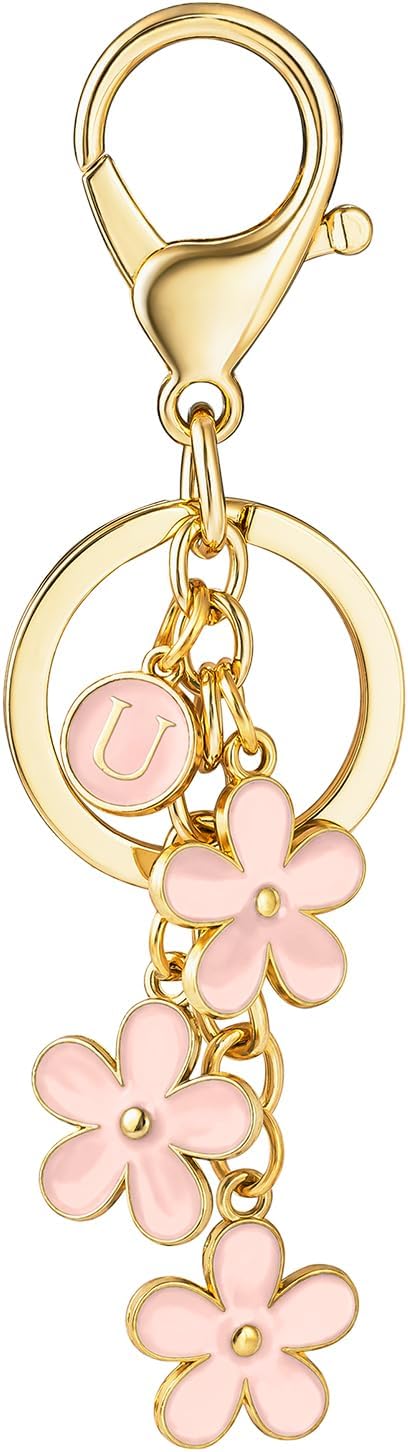 SELOVO Initial Keychain White/Pink/Black Cute Keychain Girl Purse Charms for Handbag Cute Letter Flower Keyring for Backpack
