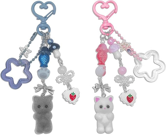 Cute Cat Keychain, Y2K Heart Bow Pendant, Kawaii Cat Bag Charm