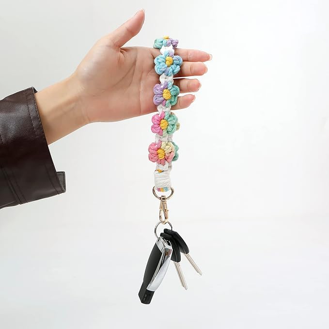 Boho Keychain Handmade Keychain Wristlet Key Chain Wrist Lanyard for Keys Cute daisy keychain for Women