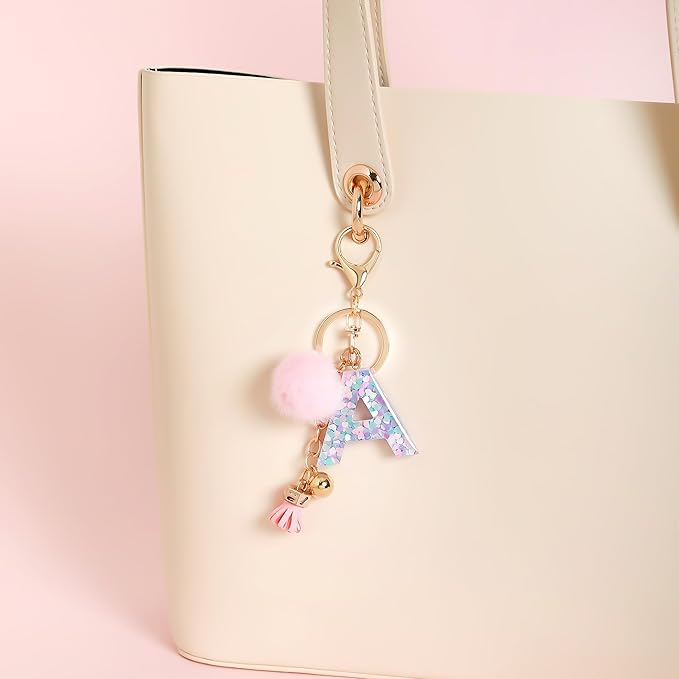 Resin Alphabet Initial Letter Keychain Keyring for Women Purse Handbags With Fur Ball Pom