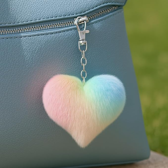 Heart Keychain – Fluffy Rainbow Heart Keychains Bag Charms for Women with Pink Orange Yellow Green Blue Gradient Plush and Soft Touch, Cute Key Chains Gifts for Rainbow Lovers
