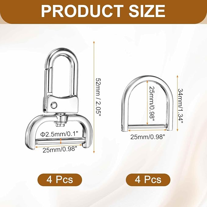 HARFINGTON 4pcs Detachable Snap Hook Swivel Clasp 1" (25mm) Zinc Alloy Lobster Claw Clasp with 4pcs D-Rings Screw in Shackle for Keychain Lanyard Purse DIY Purse Strap, Silver