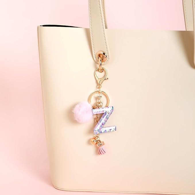 Resin Alphabet Initial Letter Keychain Keyring for Women Purse Handbags With Fur Ball Pom