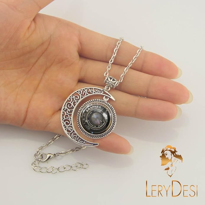 LERYDESI Camera necklace Moon pendant Photo printing handmade production Black grey lens Grahpex jewelry Photographer artist travel sport Gift Custom picture