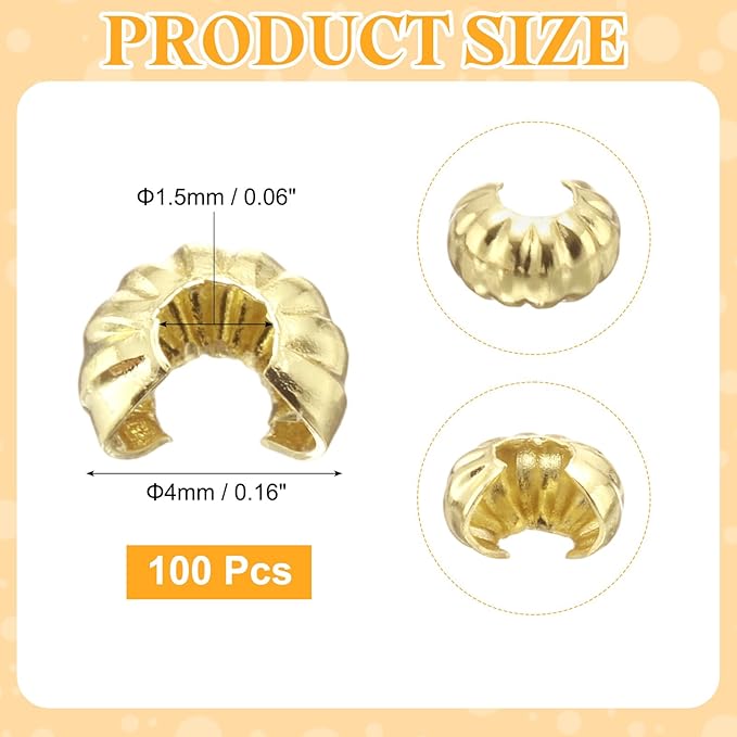 uxcell 100 Pcs Crimp Bead Covers, 4mm/0.16" Half Round Open Crimp Beads Knot Cover, Small Loose Beads End Tip Caps for Bracelet Jewelry Making Craft DIY, Light Gold