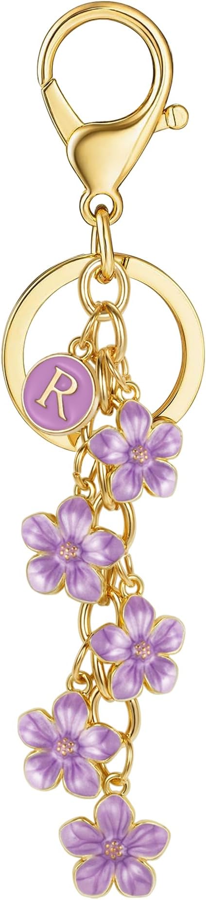 XGALBLA White Pink Black Cute Initial Letter Keychain for Women, Flower Bag Charms Enamel Keyring for Handbag Backpack