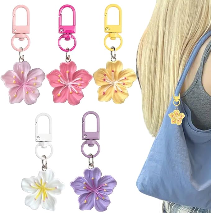 Cherry Blossom Flower Keychain Cute Flower Keychains for Women Colorful Floral Bag Charms for Handbags Kawaii Flowers Purse Charms Cherry Blossom Car Key Chain Bulk Aesthetic Keychain Accessories