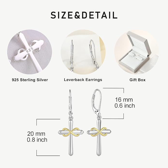 Starchenie Infinity Cross Earrings for Women 925 Sterling Silver Polished Cross Leverback Earring Crucifix Jewelry