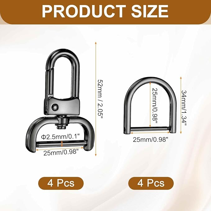 HARFINGTON 4pcs Detachable Snap Hook Swivel Clasp 1" (25mm) Zinc Alloy Lobster Claw Clasp with 4pcs D-Rings Screw in Shackle for Keychain Lanyard Purse DIY Purse Strap, Gun Black