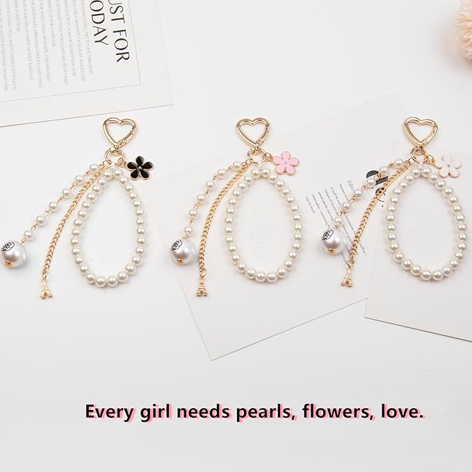 2pcs Bow Keychain, Cute Keychain, Wristlet Keychain, Ribbon Keychain Pearl Bag Charm for Purse Handbags Backpack