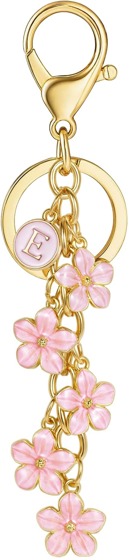 XGALBLA White Pink Black Cute Initial Letter Keychain for Women, Flower Bag Charms Enamel Keyring for Handbag Backpack