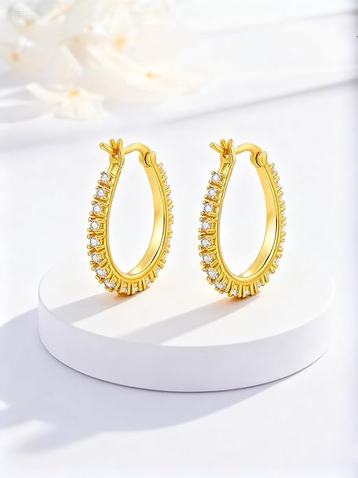 Oval/Round Hoop Huggie Earrings for Women 14k Gold Plated Earrings Hypoallergenic Cubic Zirconia Jewelry Gifts