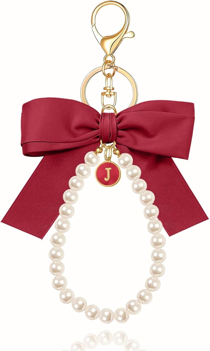 XGALBLA Initial Letter Cute Coquette Bow Keychain for Women, Wristlet Simulated Pearl Keychains Bag Charms for Handbags