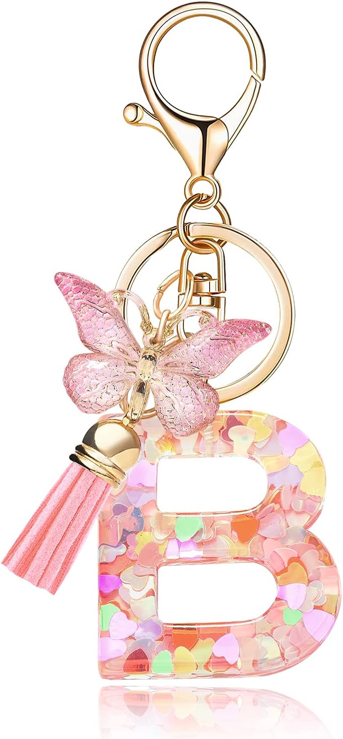 Fashion Alphabet Initial Letter Keychain Tassel Butterfly Pendant Key Ring for Purse Handbags Women Girl