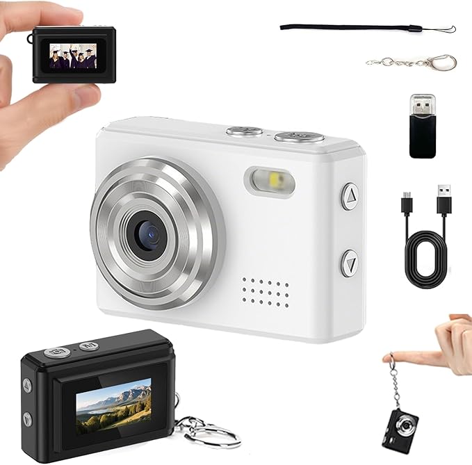 Mini Digital Camera Keychain Tiny Pixel Hd 1080p Retro Keychain Camera Micro Portable That Works Camera for Travel Study Recording (White-No Memory Card)