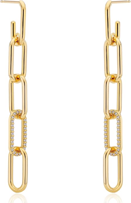 OZEL 14K Gold & Silver Plated Paperclip Chain Earrings with Cubic Zirconia – Dangle, Hoop, Huggie, Stud Styles – Women’s Fashion Jewelry Gift