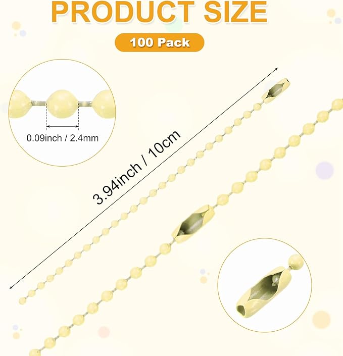 M METERXITY 100-Pack Ball Beads Chain, 4 in Metal Beaded Necklace Adjustable Keychain with Connectors for Jewelry Making/DIY Crafts/Hanging Decoration, Dog Tag Chain [Light Yellow]